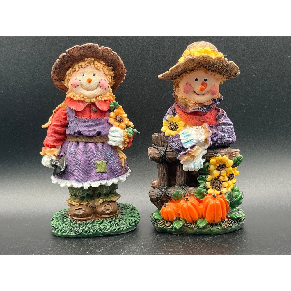 Set of 2 Fall Scarecrow Figurines Resin Harvest Decor Sunflowers Pumpkins 5"
